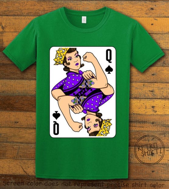 This is the main graphic design on a green shirt for the Pride Shirts: Rosie Riveter Queen Spades