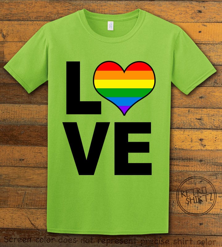 This is the main graphic design on a lime shirt for the Pride Shirts: Love Heart Rainbow