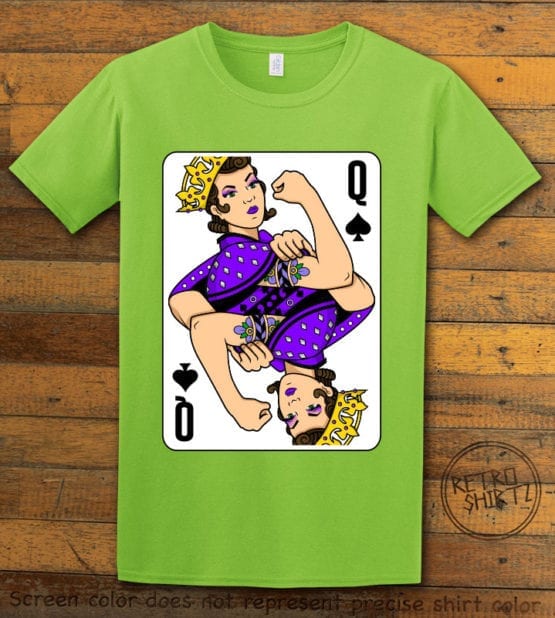 This is the main graphic design on a lime shirt for the Pride Shirts: Rosie Riveter Queen Spades