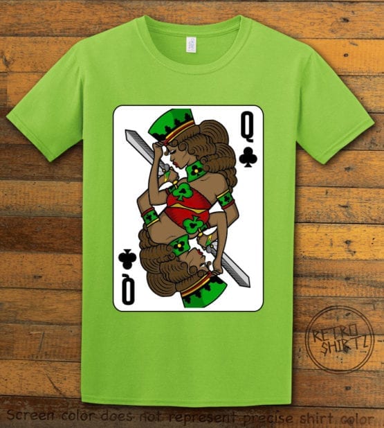 This is the main graphic design on a lime shirt for the Queen Playing Cards: Queen of Clubs