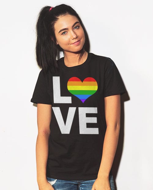 This is the main model photo for the Pride Shirts: Love Heart Rainbow