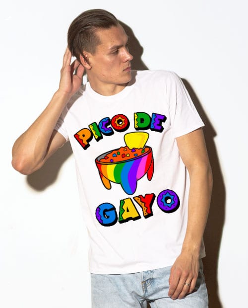 This is the main model photo for the Pride Shirts: Pico de Gayo
