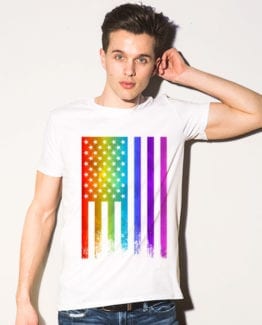 This is the main model photo for the Pride Shirts: Pride Flag Distressed
