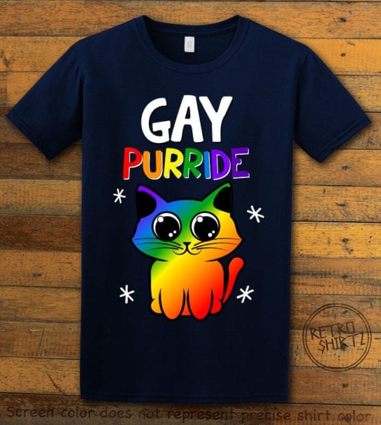 This is the main graphic design on a navy shirt for the Pride Shirts: Gay Pride Kitten