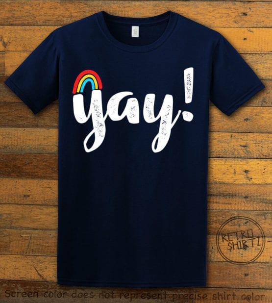 This is the main graphic design on a navy shirt for the Pride Shirts: Yay Gay Rainbow