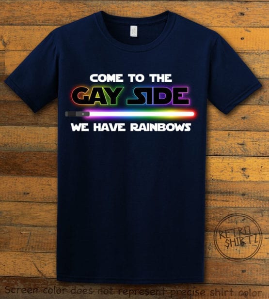 This is the main graphic design on a navy shirt for the Pride Shirts: Dark Side Gay Pride