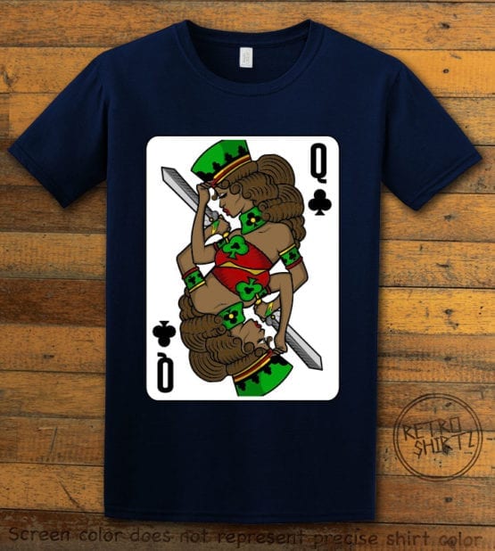 This is the main graphic design on a navy shirt for the Queen Playing Cards: Queen of Clubs