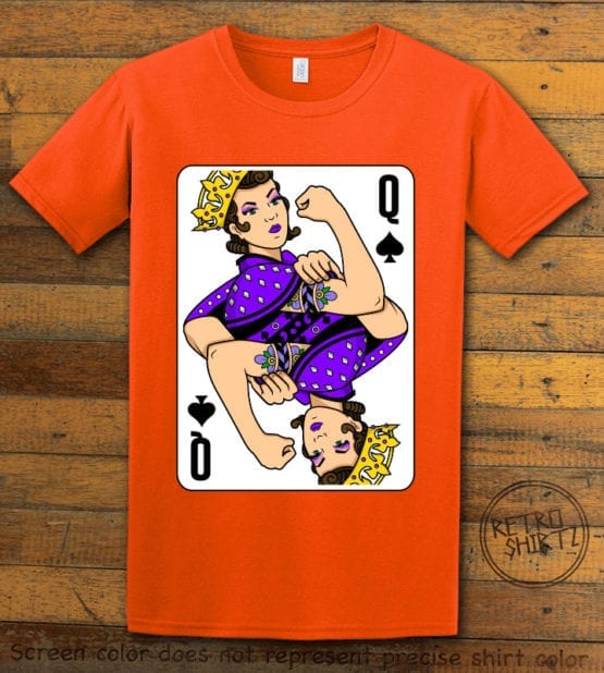 This is the main graphic design on a orange shirt for the Pride Shirts: Rosie Riveter Queen Spades