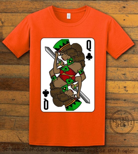 This is the main graphic design on a orange shirt for the Queen Playing Cards: Queen of Clubs