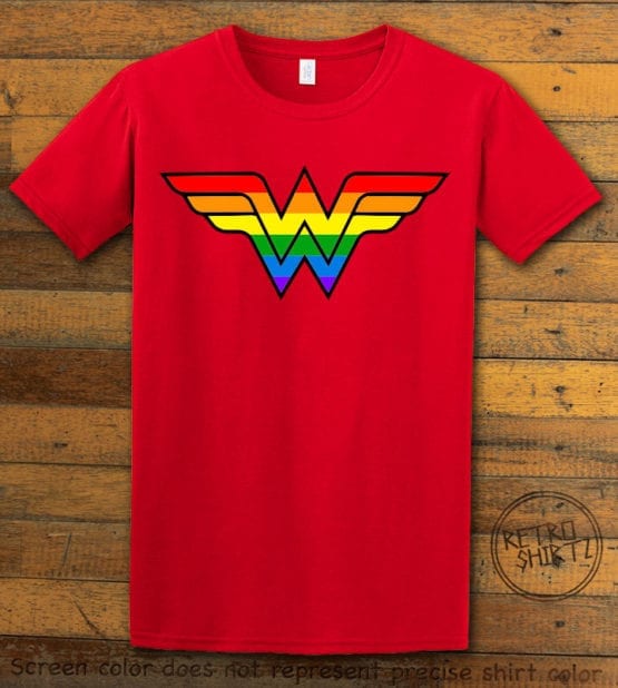 This is the main graphic design on a red shirt for the Pride Shirts: Wonder Woman Pride