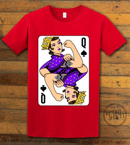 This is the main graphic design on a red shirt for the Pride Shirts: Rosie Riveter Queen Spades