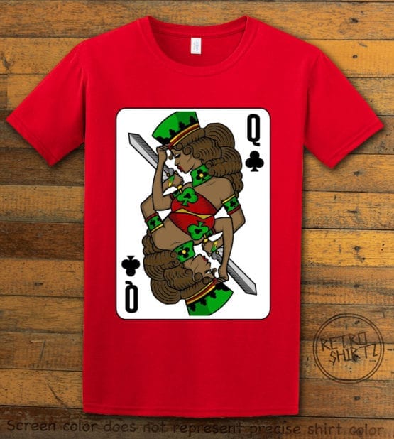 This is the main graphic design on a red shirt for the Queen Playing Cards: Queen of Clubs