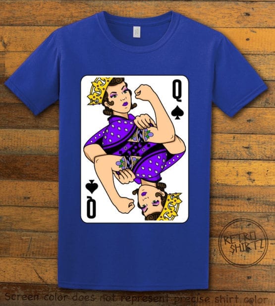 This is the main graphic design on a royal shirt for the Pride Shirts: Rosie Riveter Queen Spades