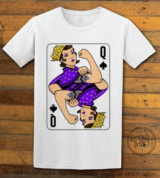 This is the main graphic design on a white shirt for the Pride Shirts: Rosie Riveter Queen Spades