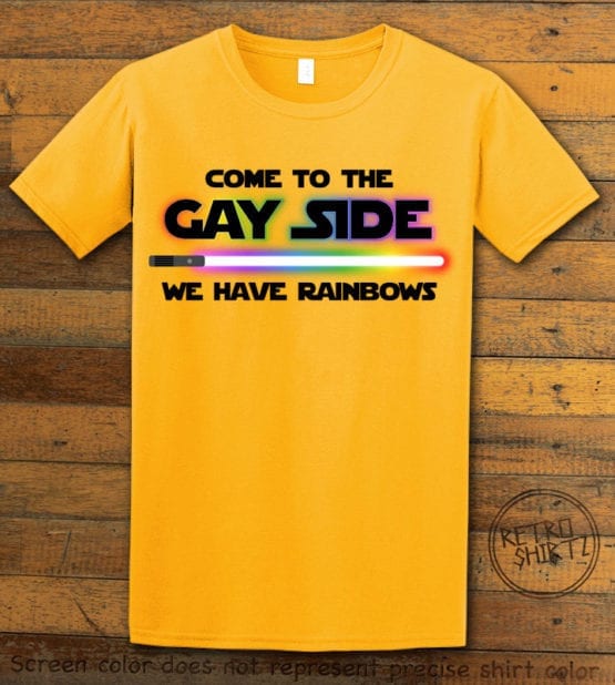 This is the main graphic design on a yellow shirt for the Pride Shirts: Dark Side Gay Pride