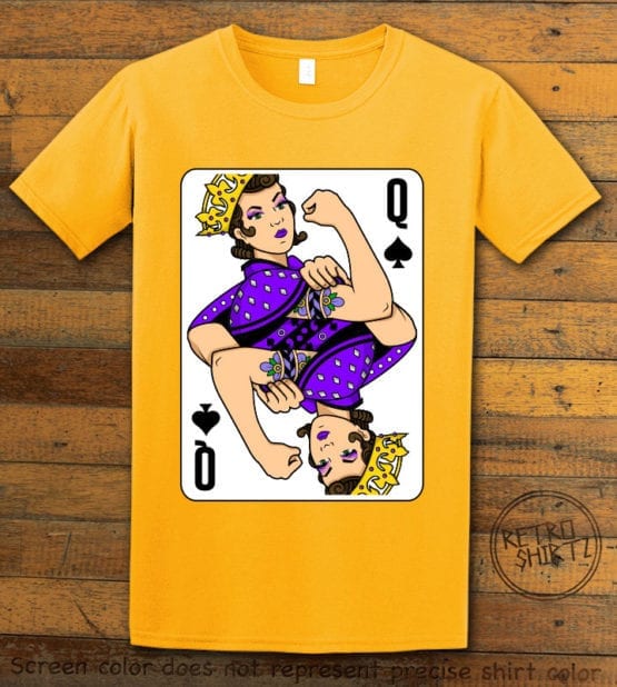 This is the main graphic design on a yellow shirt for the Pride Shirts: Rosie Riveter Queen Spades