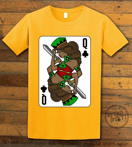 This is the main graphic design on a yellow shirt for the Queen Playing Cards: Queen of Clubs